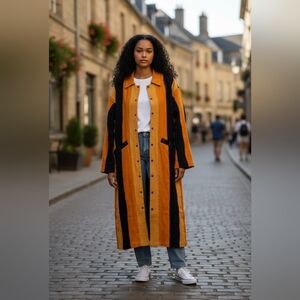Larry Jay Ghanian Designer Stylish Long Orange and Indigo Coat